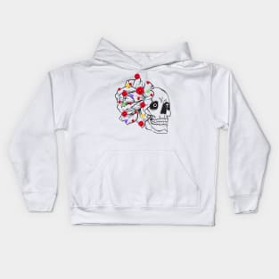 skeleton face drawing with a cross in the background in the eye, linear flower and flowers with small colorful triangles Kids Hoodie